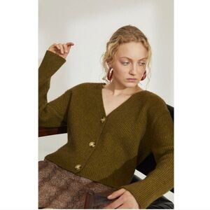 Whistles Wool and Yak Ribbed Knit Button Down Cardigan Sweater in Olive